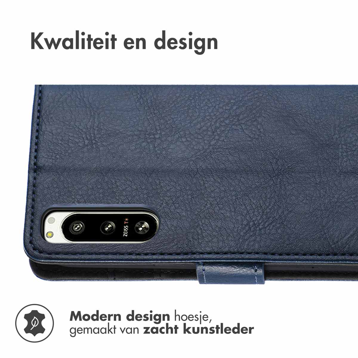 Coque de téléphone bleu foncé. Le téléphone est à l'intérieur. Le dos de la coque est visible.