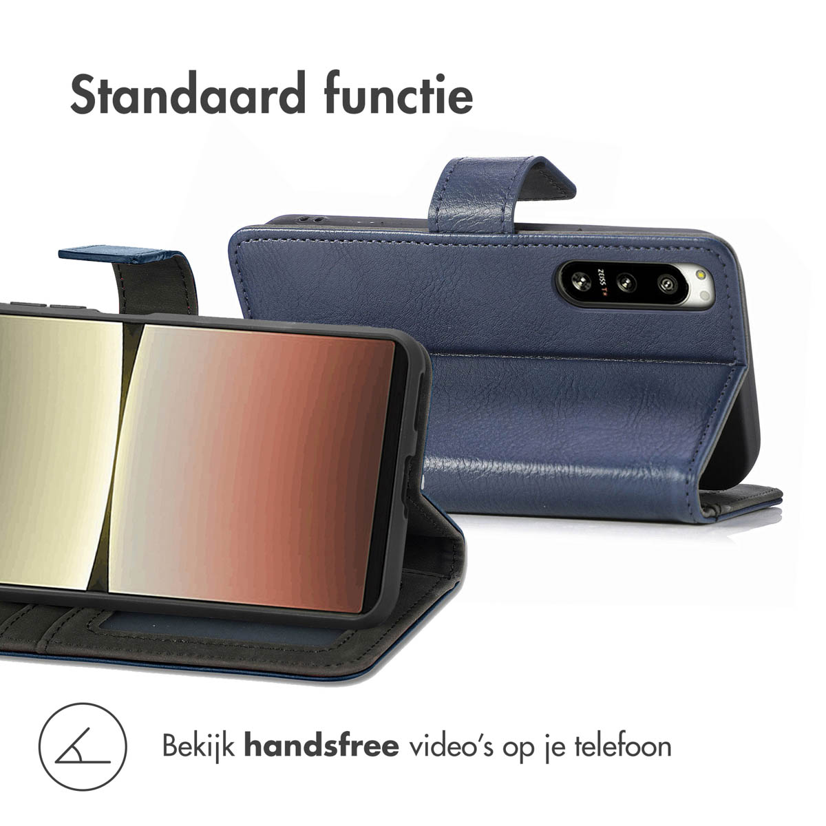Coque avec téléphone, montrée ouverte. Permet de regarder des vidéos mains libres.