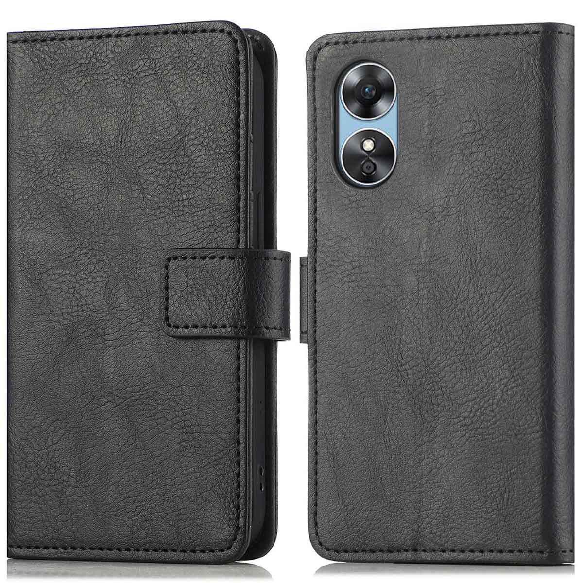 Un étui de téléphone en cuir noir est présenté ouvert et fermé. Le téléphone a deux caméras.