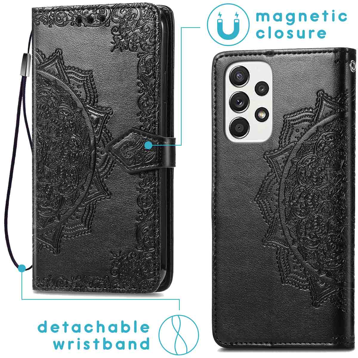 Zwarte telefoonhoes met reliëfpatroon, magnetische sluiting en afneembare polsband.