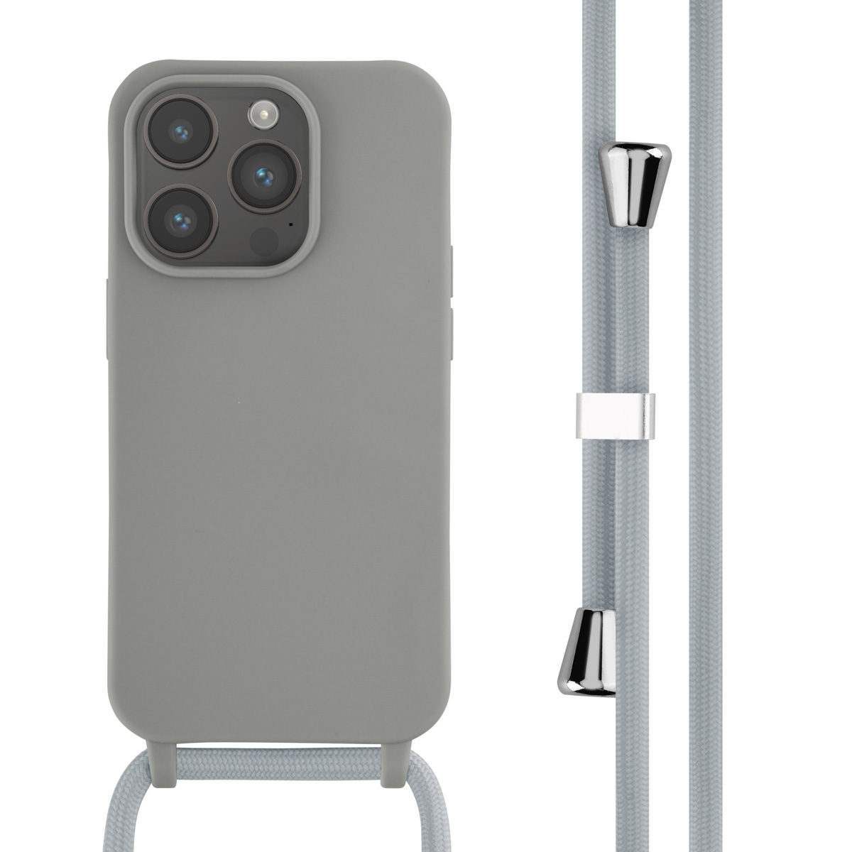 Grijze telefoon met een grijs koord. Metalen details op het koord.