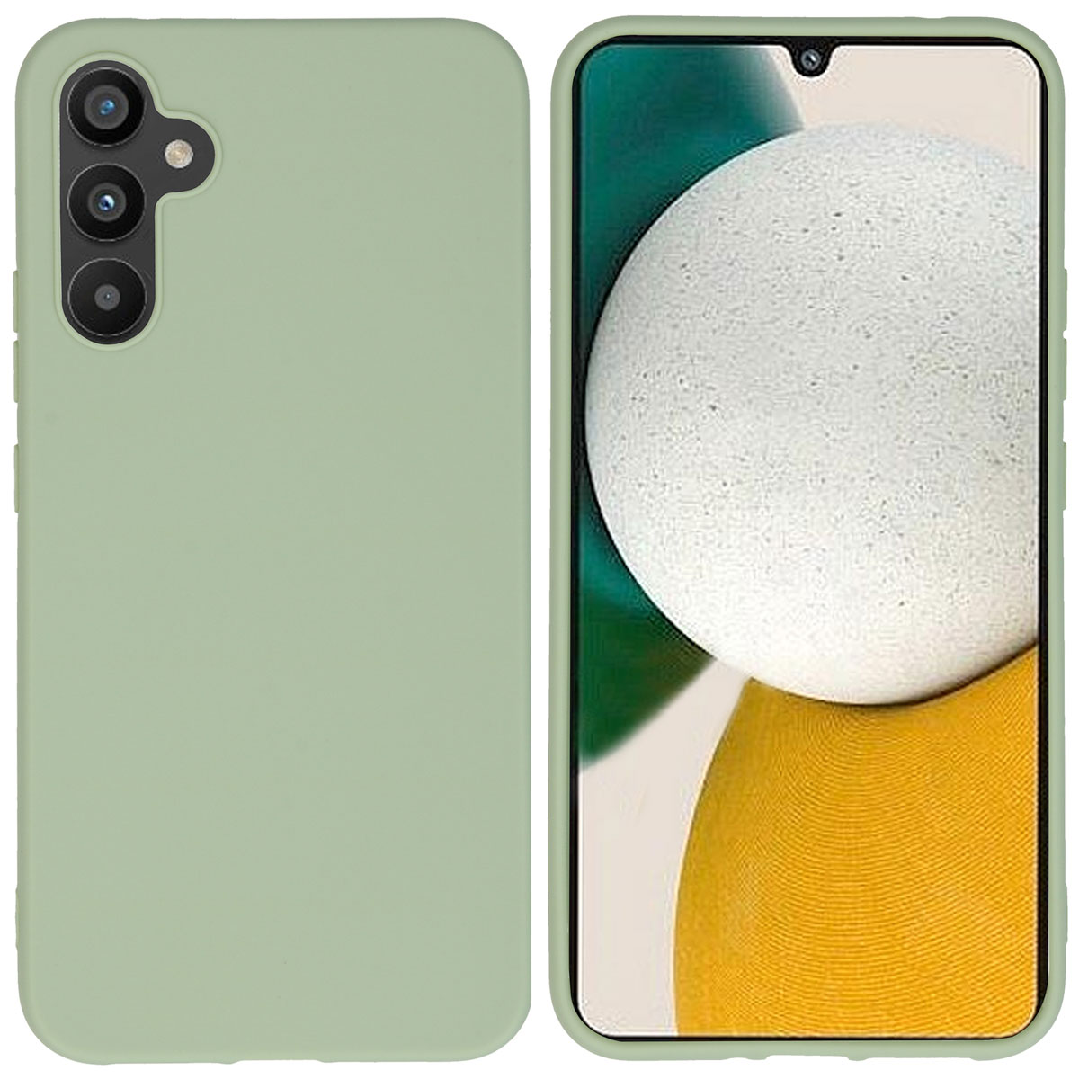 Groene telefoonhoes en telefoon, naast elkaar. Telefoon toont het scherm. Witte achtergrond.