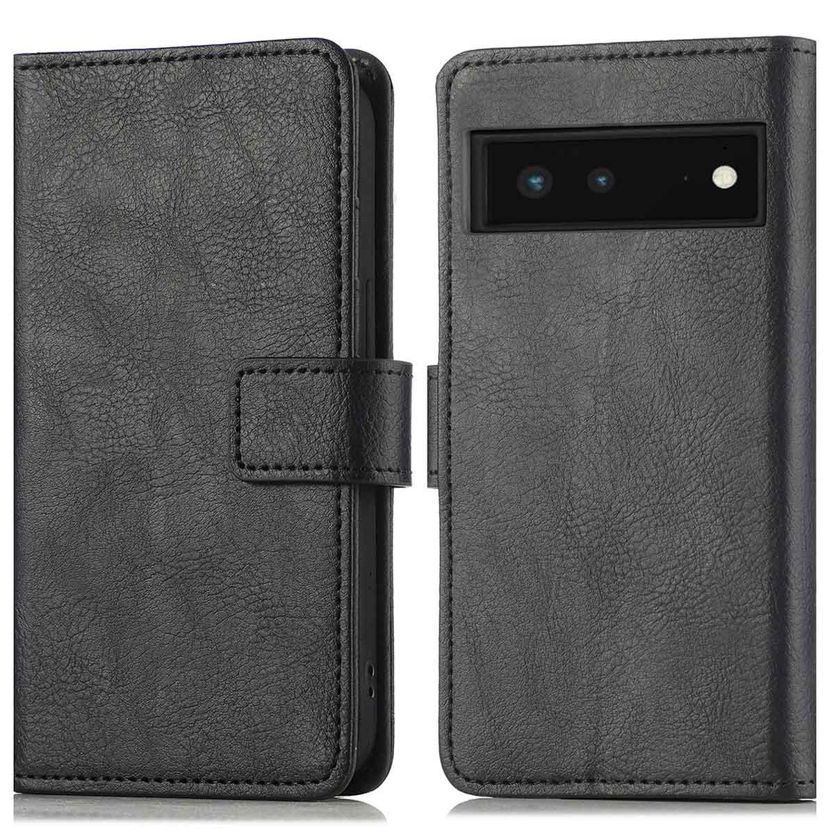 Étui de téléphone noir, ouvert, montrant un téléphone. Le téléphone est à l'intérieur. L'étui a une fermeture magnétique.