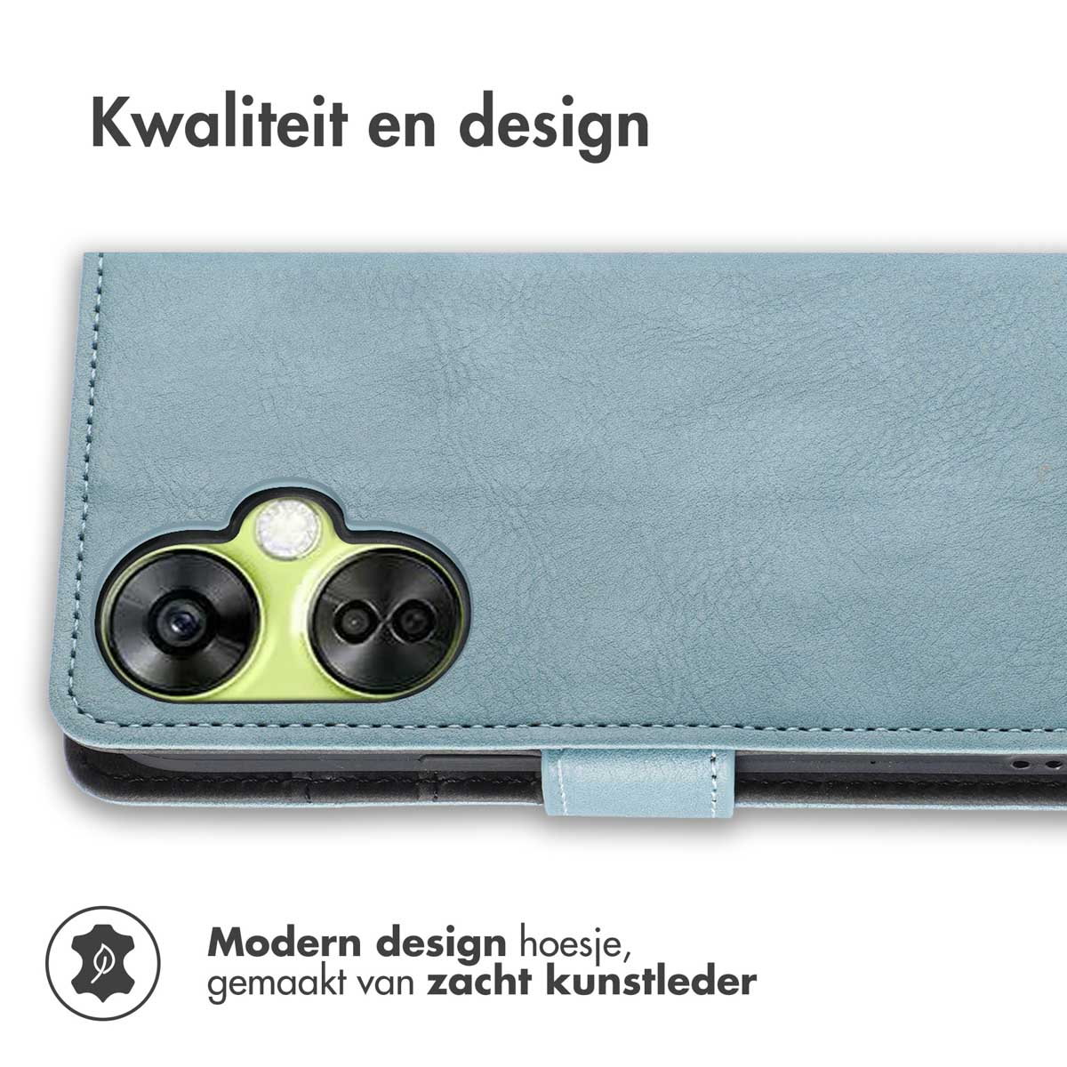 Custodia per telefono blu, aperta per mostrare il telefono. Il testo descrive un design moderno in morbida similpelle.