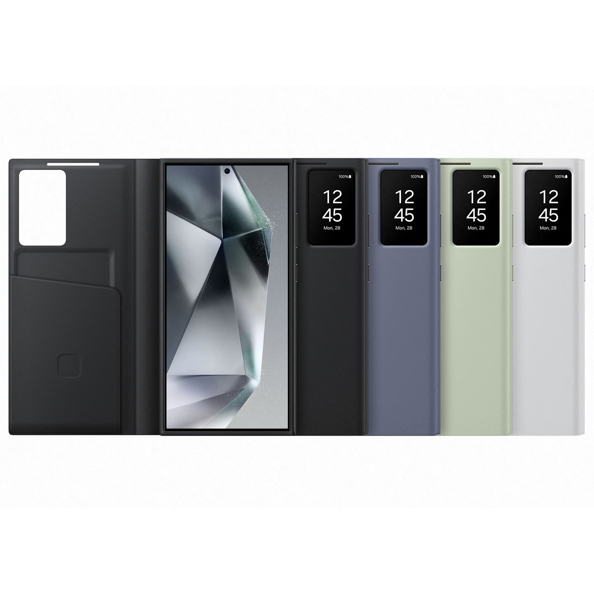 Espositore di custodie per telefono con più colori. Telefono dentro ciascuna. Sfondo bianco.
