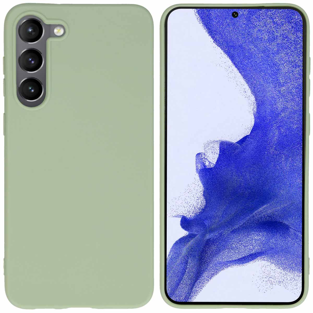 Twee telefoonhoesjes, saliegroen. Eén toont de achterkant van de telefoon met camera's, de andere het scherm.