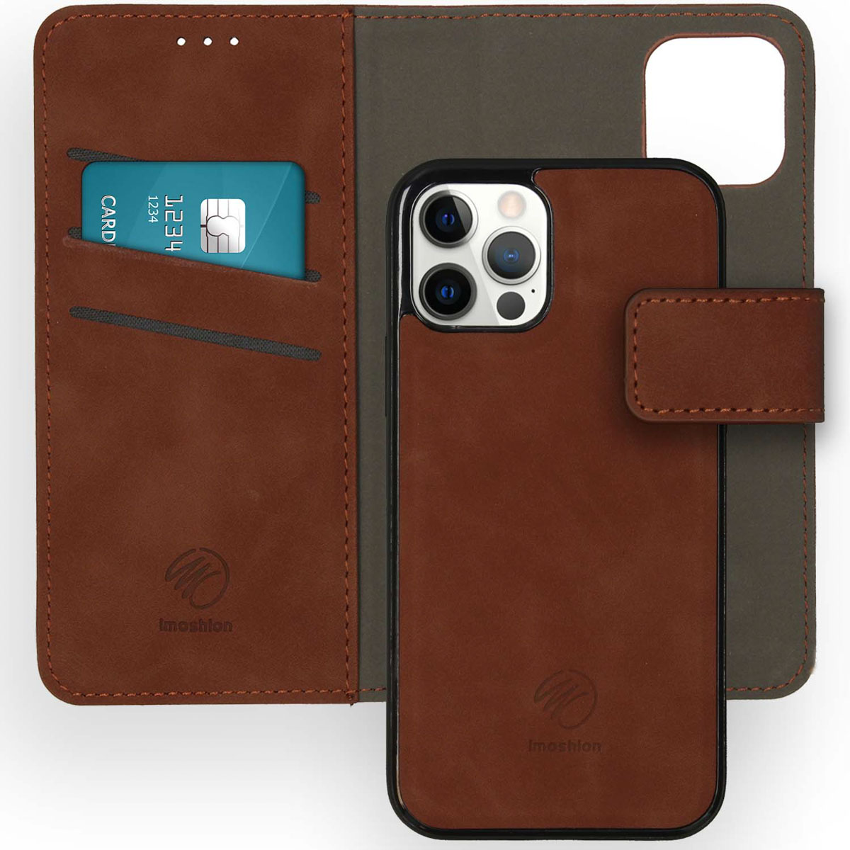 Étui de téléphone en cuir marron avec fente pour carte et carte de crédit.