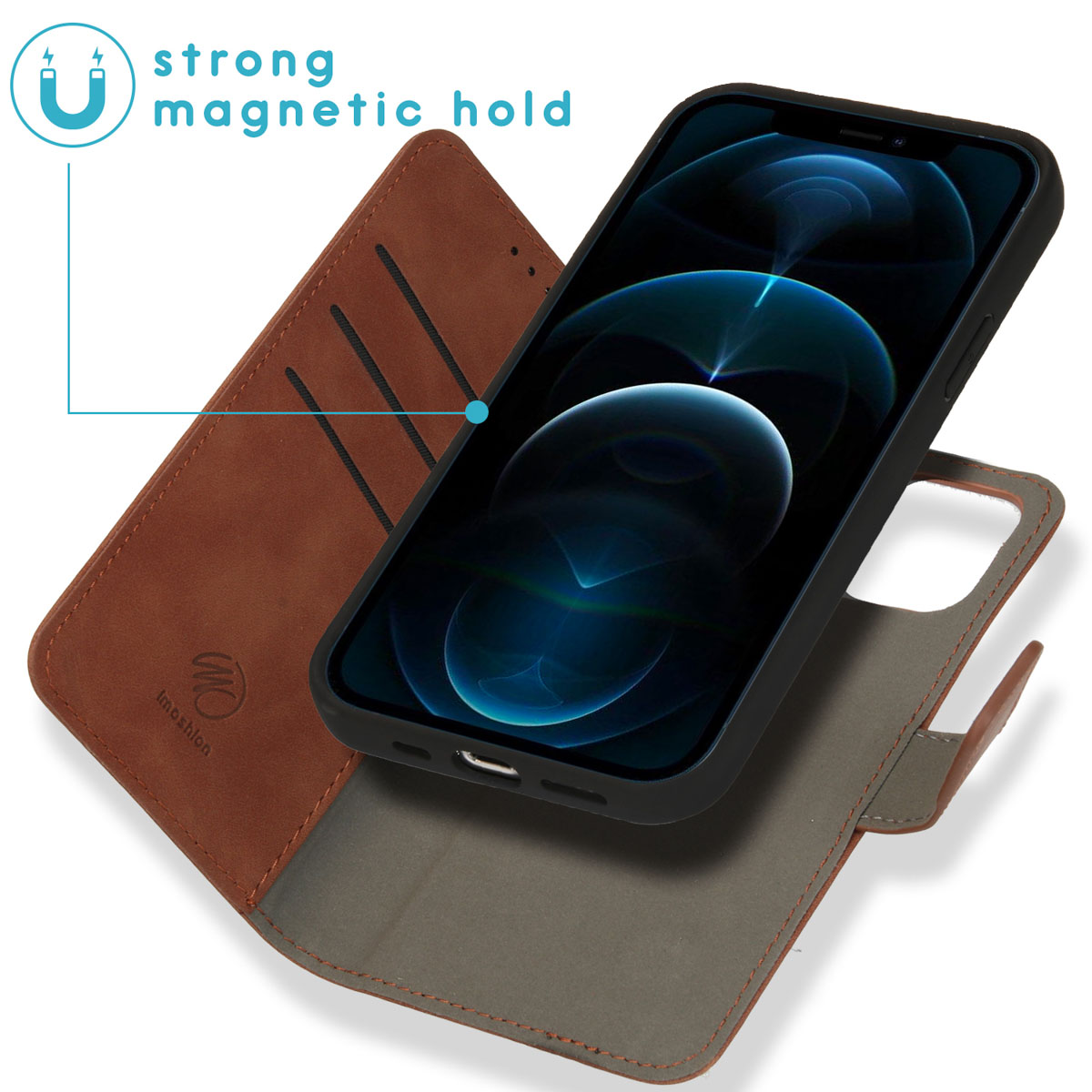 Étui de téléphone marron, ouvert, montrant le téléphone avec écran.