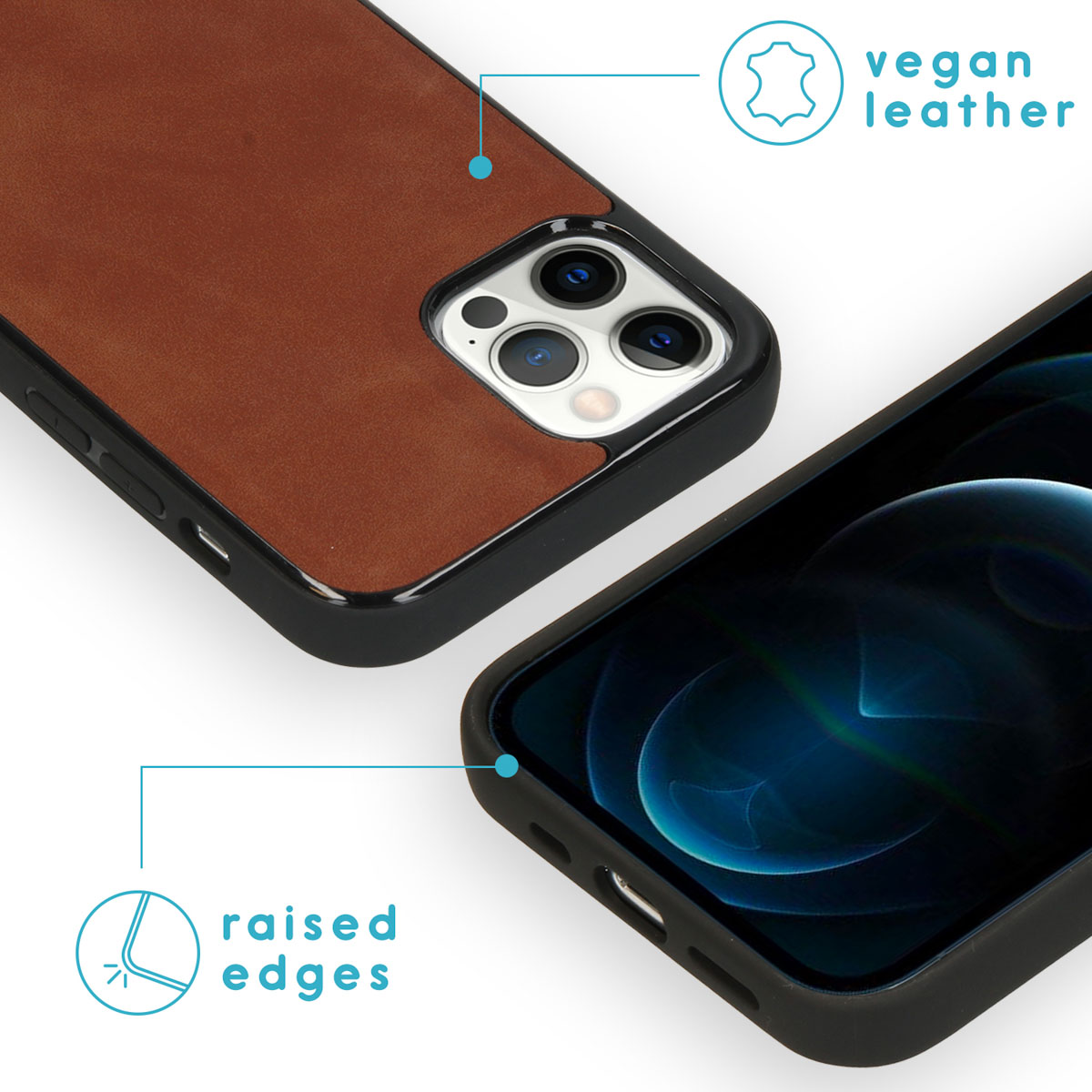 Un étui de téléphone en cuir végétal marron. L'étui est posé sur un autre téléphone montrant des bords surélevés.