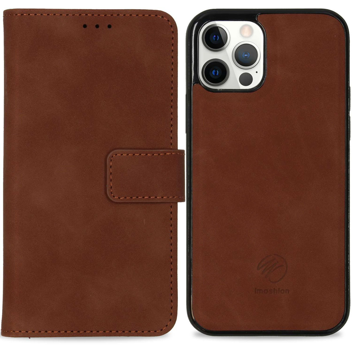 Étui de téléphone en cuir marron avec un rabat ouvert montrant l'étui et l'appareil photo.