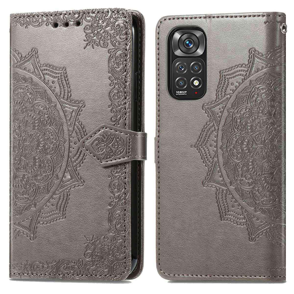 Grijze telefoonhoes met een mandala ontwerp. De telefoon zit erin. De hoes is open.