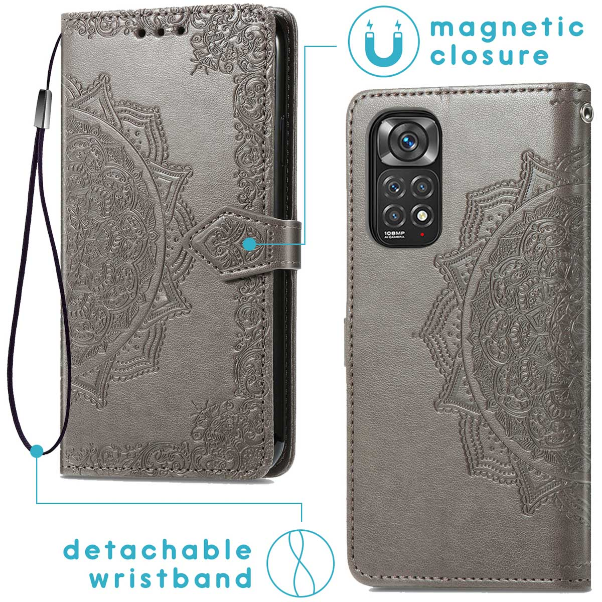 Grijze telefoonhoes. Telefoon erin. De hoes heeft een afneembare polsband en magnetische sluiting.