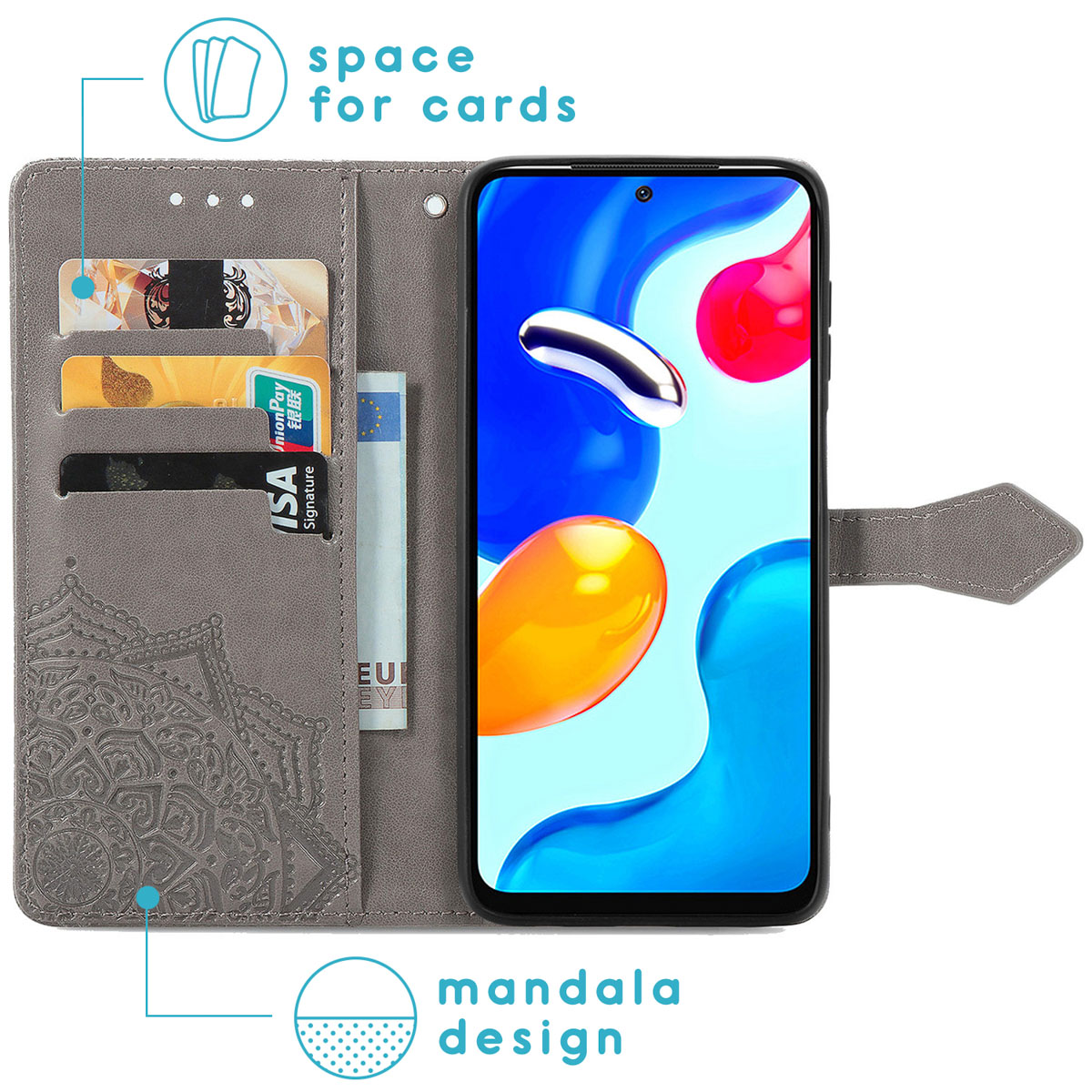 Grijze telefoonhoes met kaarten en geld erin. Er zit een telefoon in de hoes. Mandala-ontwerp op de hoes.