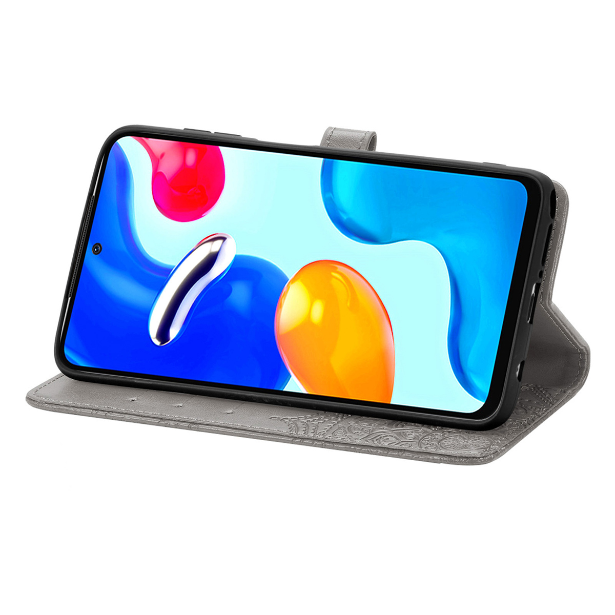 Telefoon in hoes, met kleurrijk scherm, in een open portemonnee-hoes. Grijze kleur.