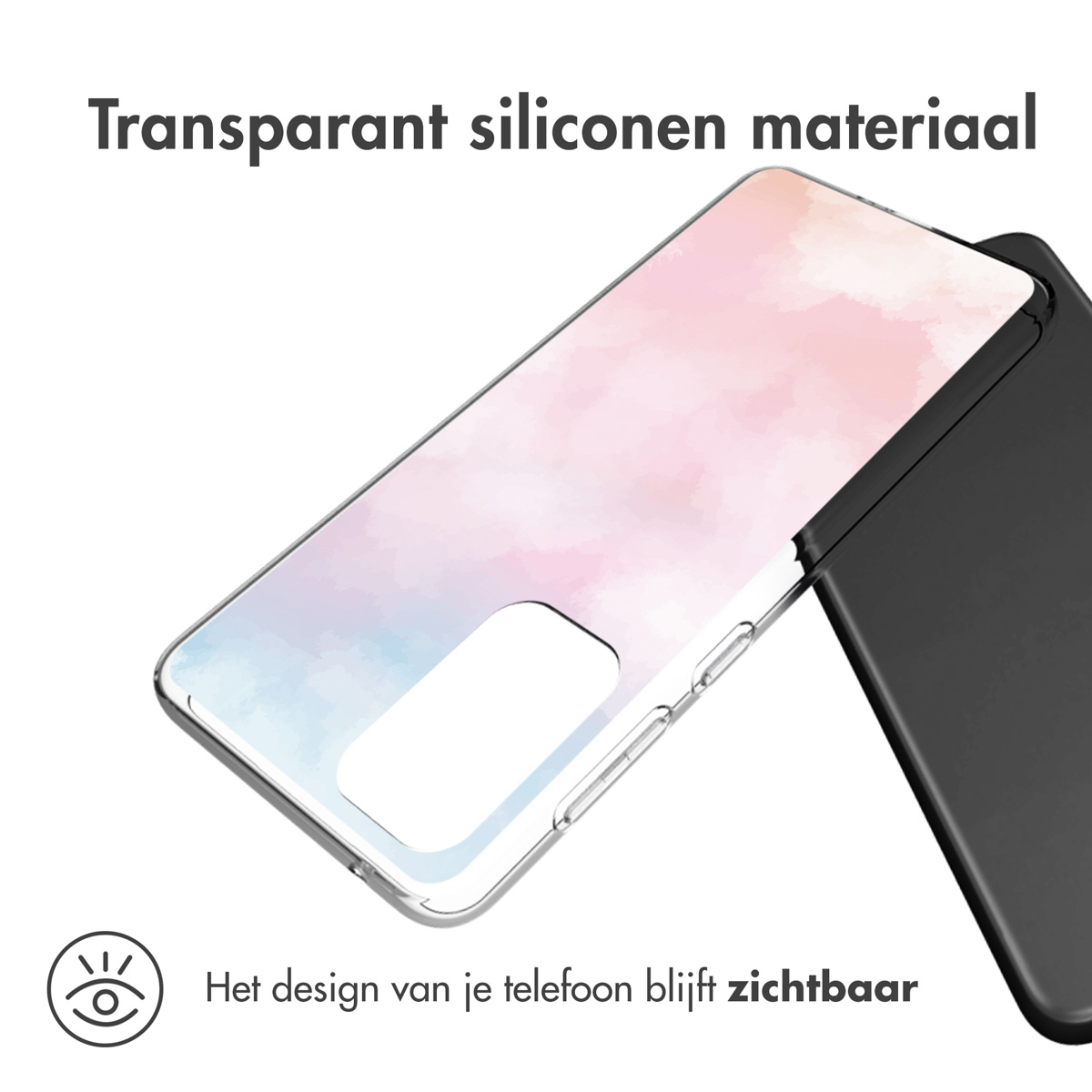 Coque de téléphone sur un téléphone. La coque est transparente avec un design coloré.