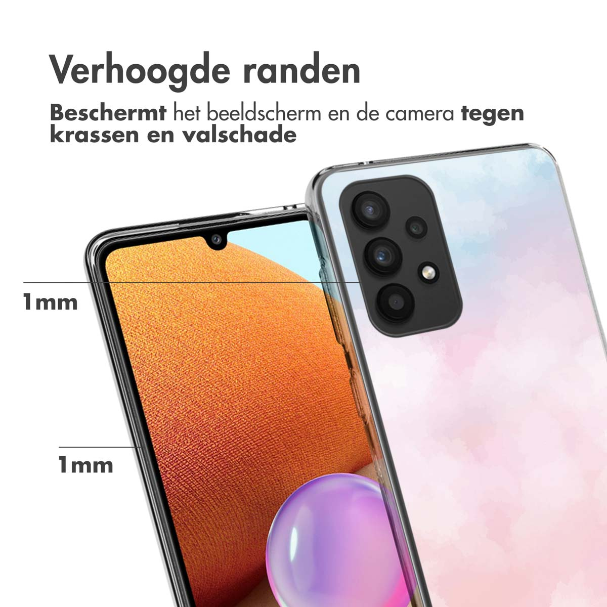 Une coque de téléphone transparente montrant l'écran et la caméra du téléphone. Texte : Verhoogde randen. 1mm.