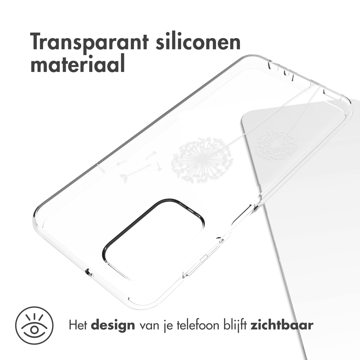 Coque transparente avec motif de pissenlit. Le design du téléphone reste visible. Fond blanc.