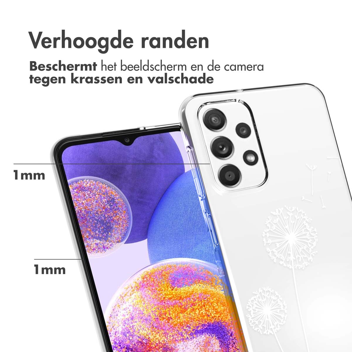Un téléphone avec une coque transparente. Le texte indique 'Verhoogde randen', avec un espace de 1 mm. Motif de pissenlit au dos.