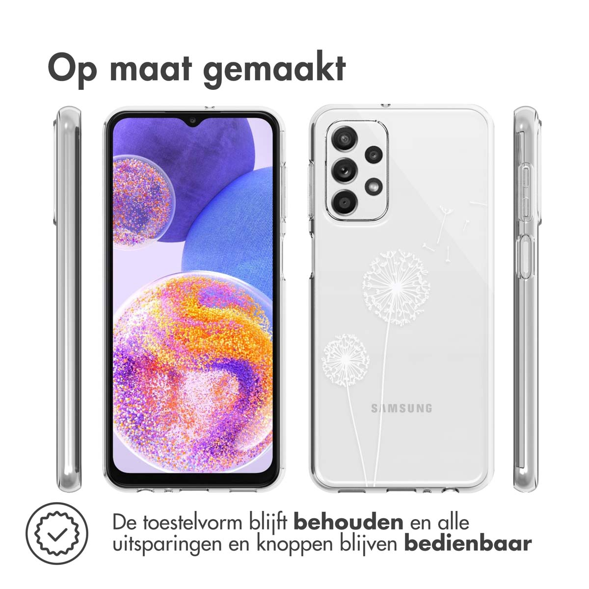 Coque transparente à gauche et à droite, et au centre le téléphone. Graphique de pissenlit.