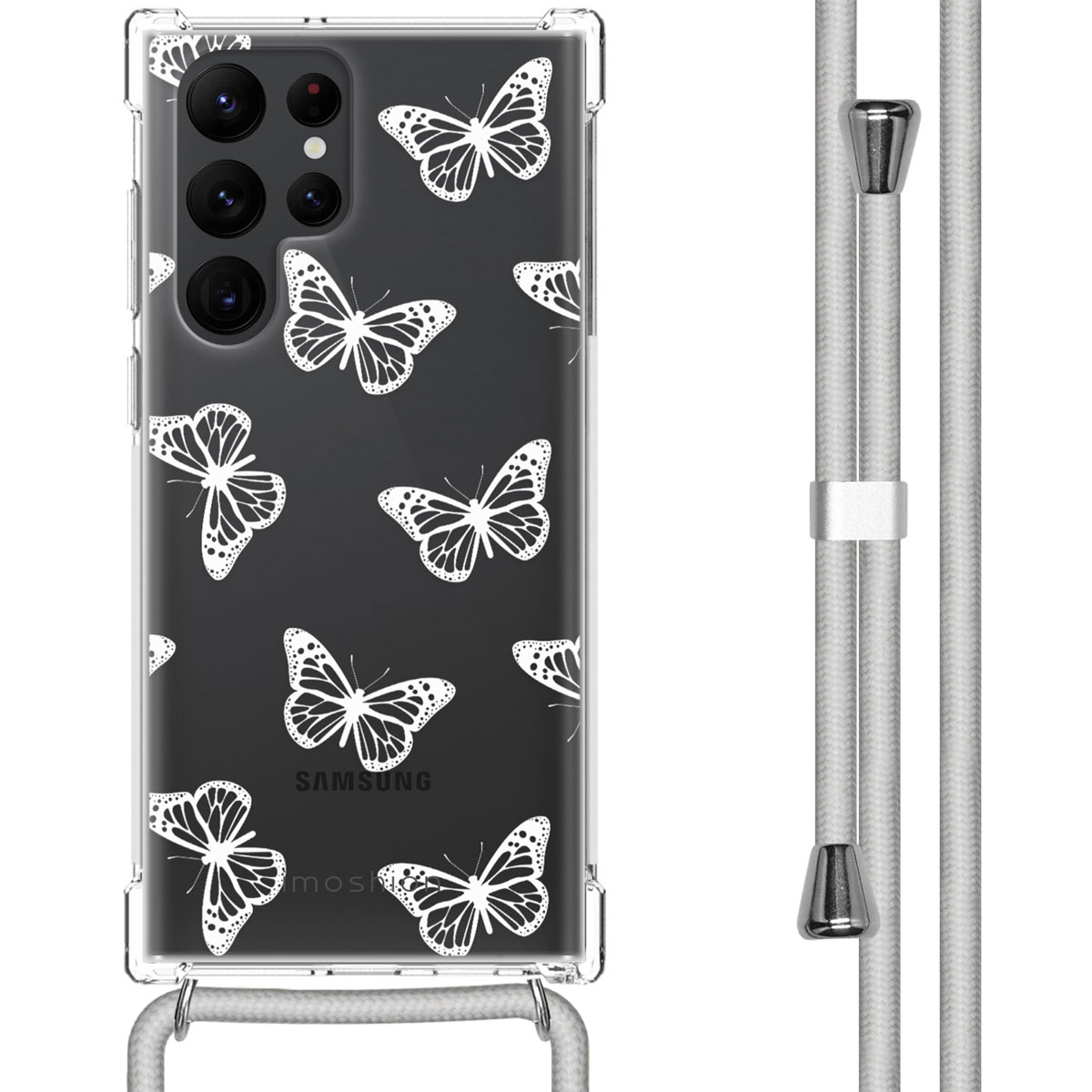 Clear phone case with white butterfly pattern. The phone and a white cord are visible.