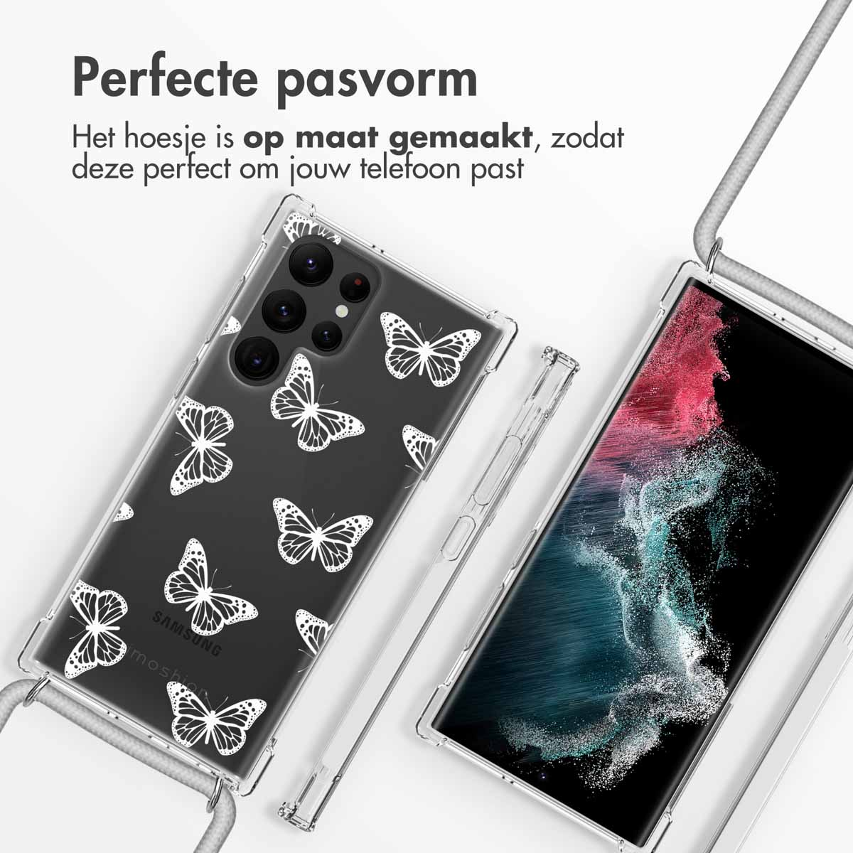 Clear phone case with a butterfly pattern and a phone. The phone is attached to a cord.