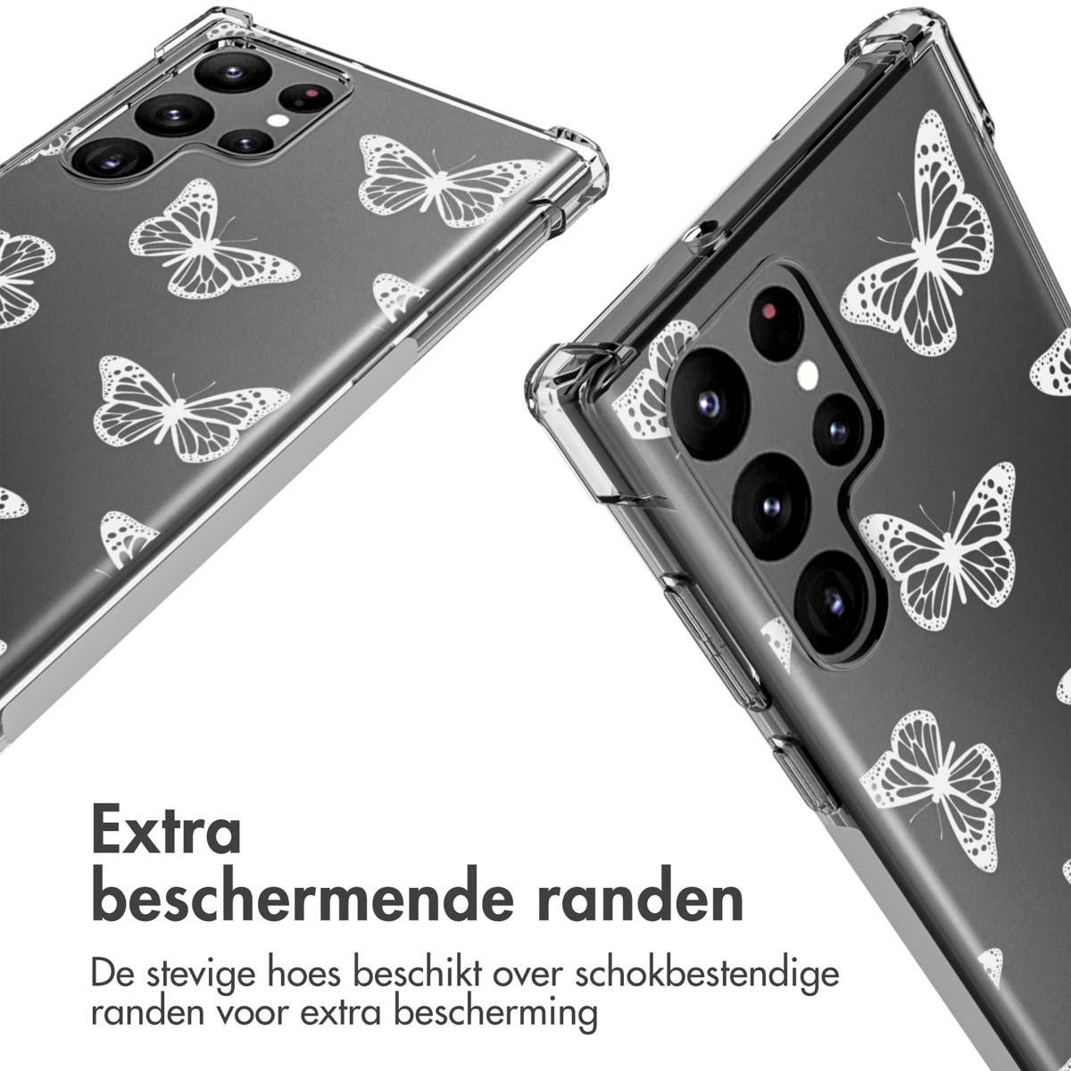 Clear phone case with butterfly pattern. The phone case shows extra protective edges.