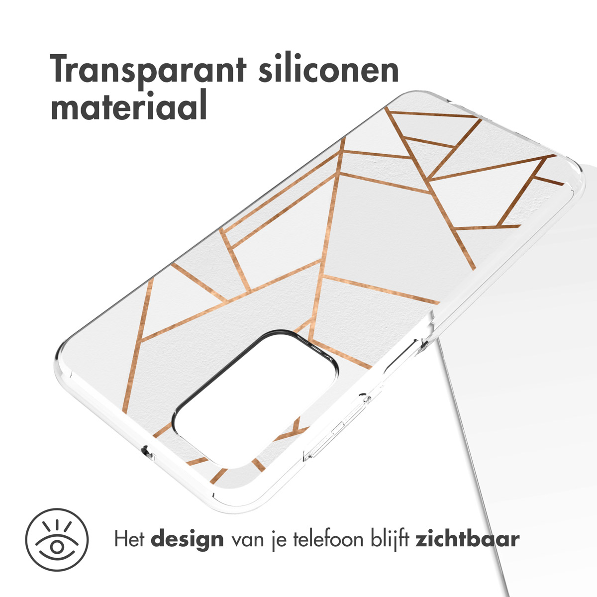 Telefoonhoes met geometrisch design. De telefoon is zichtbaar, het design wordt getoond.