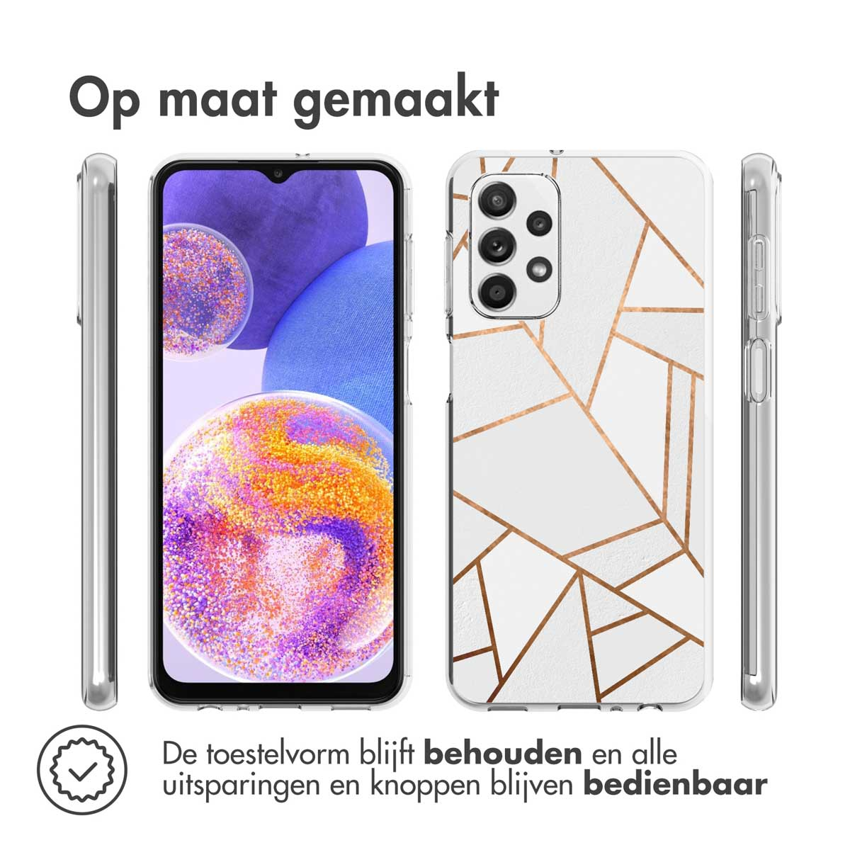 Telefoonhoesje, wit met gouden geometrisch design. Drie zijaanzichten van de telefoonhoes.