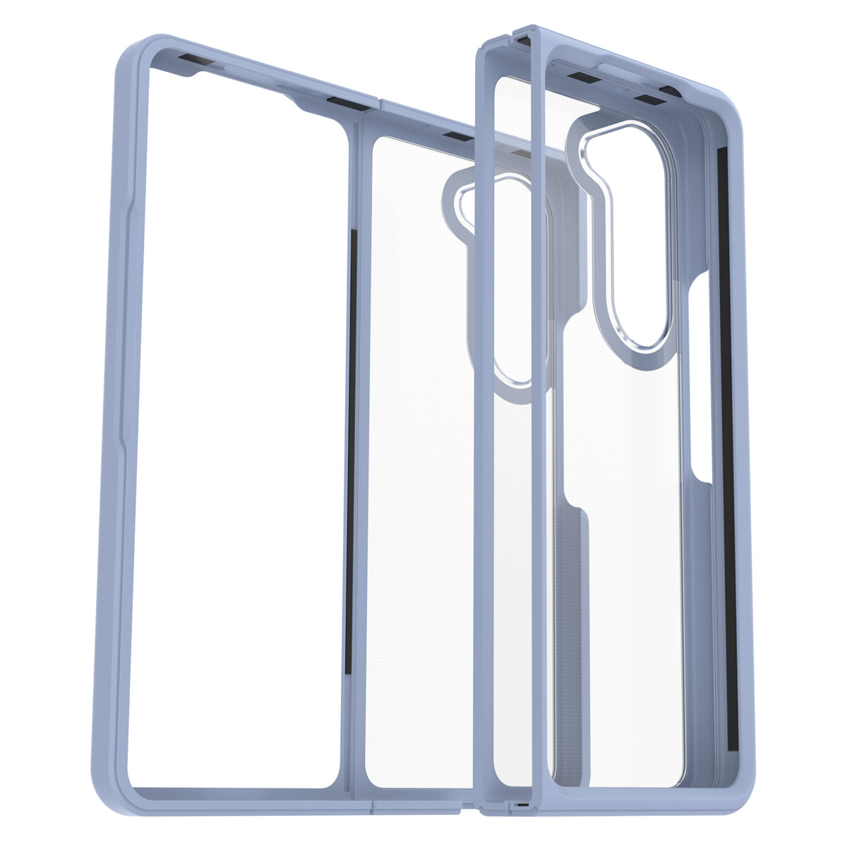 Componenti di custodia per telefono blu chiaro. Sono visibili tre pannelli trasparenti.