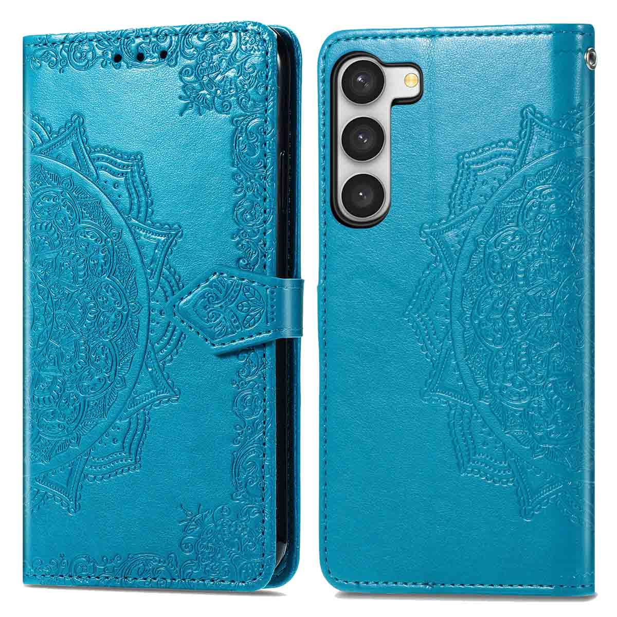 Een turquoise telefoonhoesje met een mandala-ontwerp. De hoes is open en toont de camera van de telefoon.
