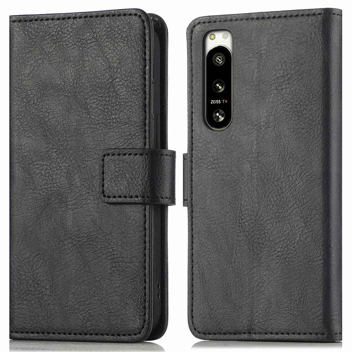 Étui en cuir ouvert, montrant le téléphone à l'intérieur. L'étui est noir, avec fermoir.