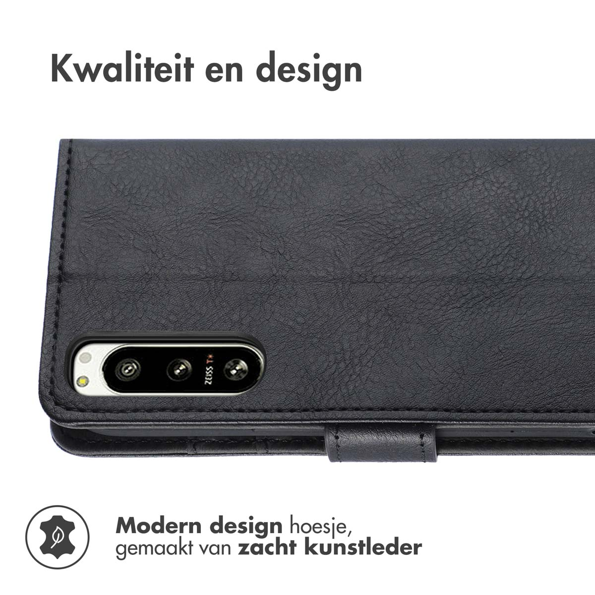 Un étui de téléphone en cuir noir, avec un téléphone à l'intérieur.