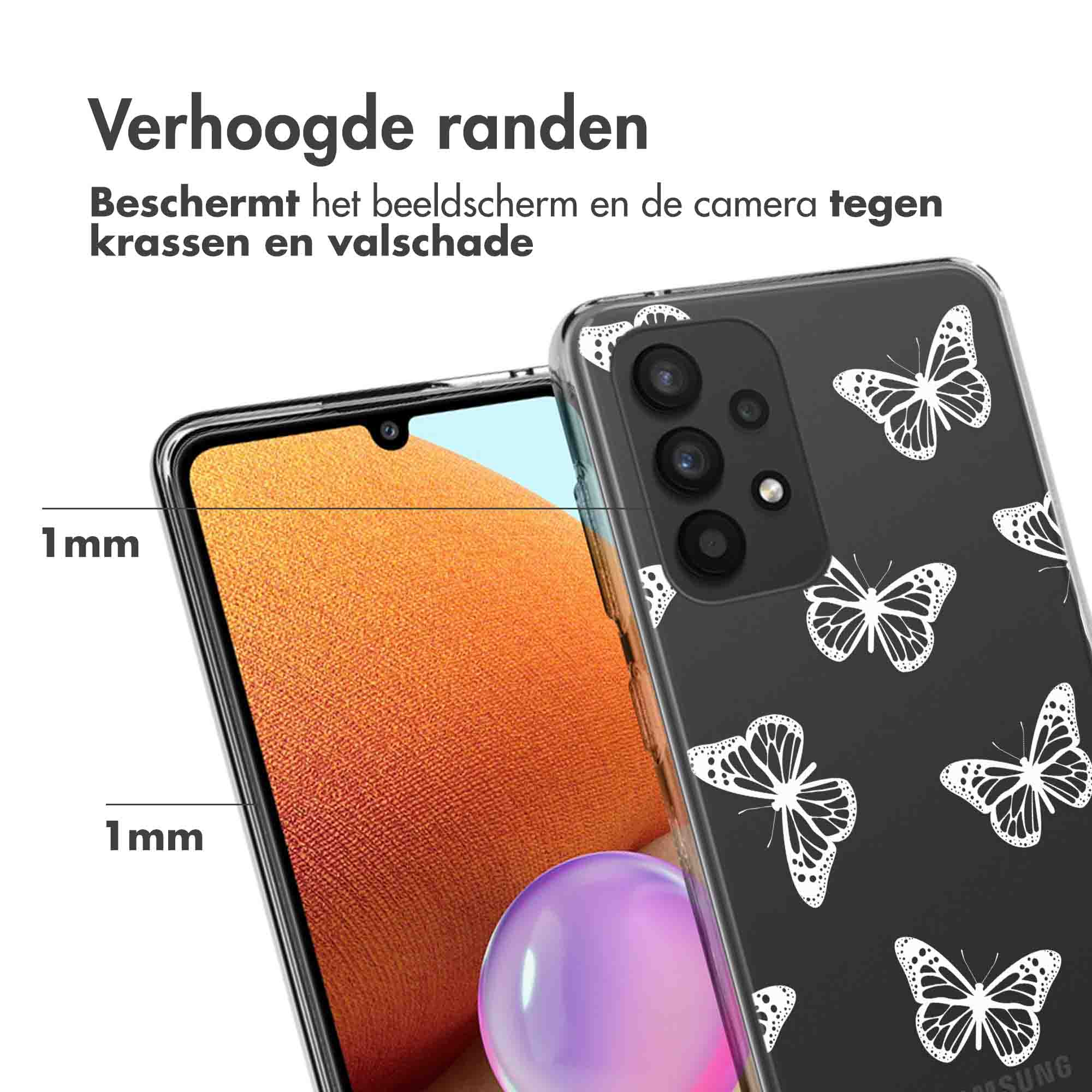 Téléphone avec une coque à papillons blancs. La coque montre l'épaisseur du bord.