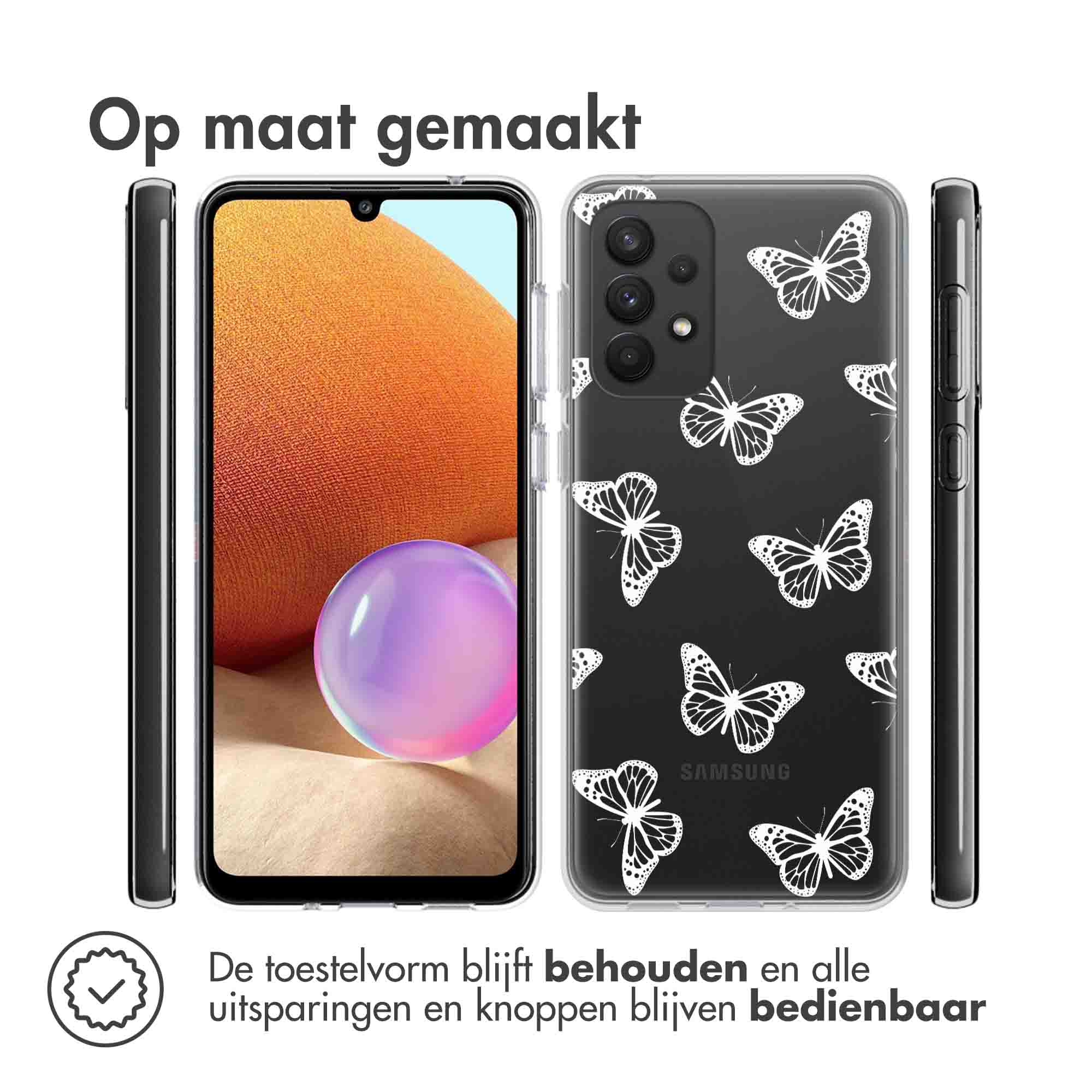 Coque de téléphone avec des papillons blancs. Le téléphone conserve sa forme et toutes les ouvertures sont utilisables.