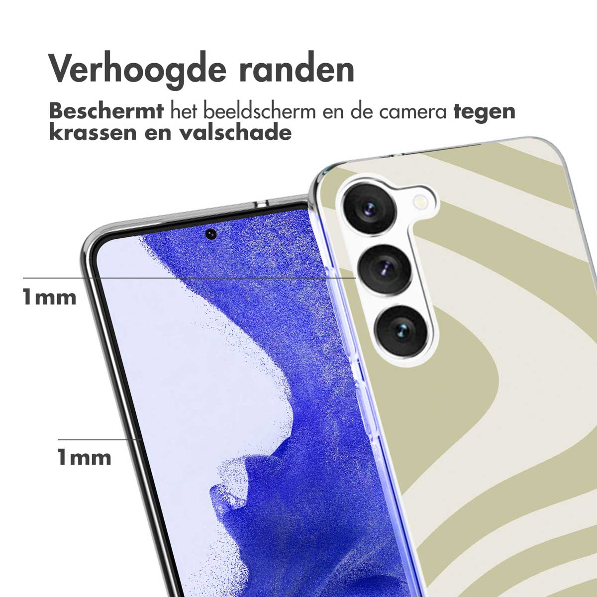 Coque avec bords surélevés, protégeant le téléphone. La coque est beige, téléphone dedans.