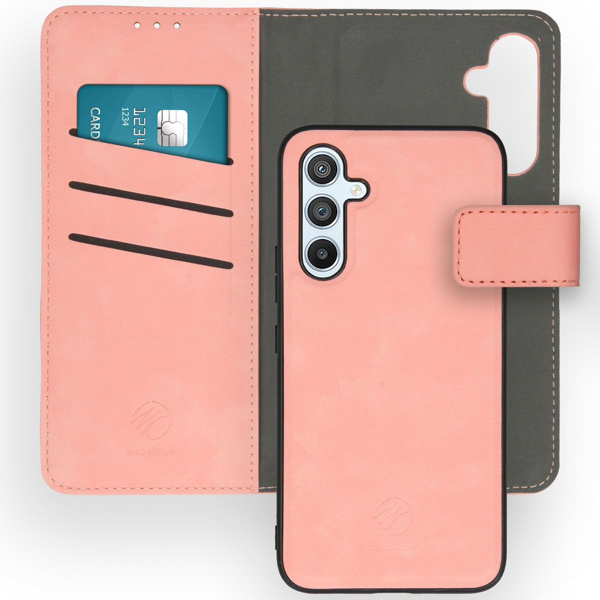 Étui de téléphone rose avec carte de crédit dans un portefeuille. Le téléphone est à droite.