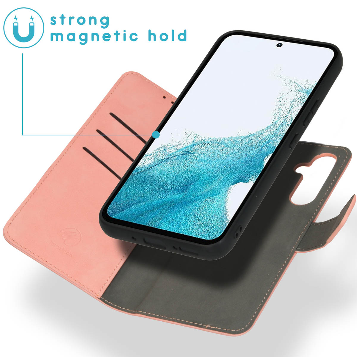 Étui de téléphone rose et gris, ouvert. Caractéristiques: maintien magnétique puissant. Téléphone dans l'étui.