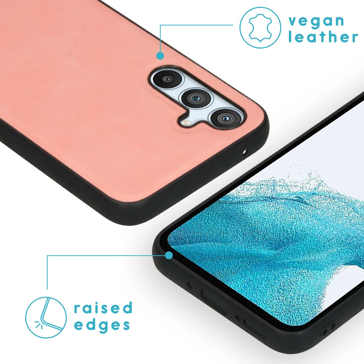 Coque de téléphone pêche avec un téléphone et du cuir végétal.