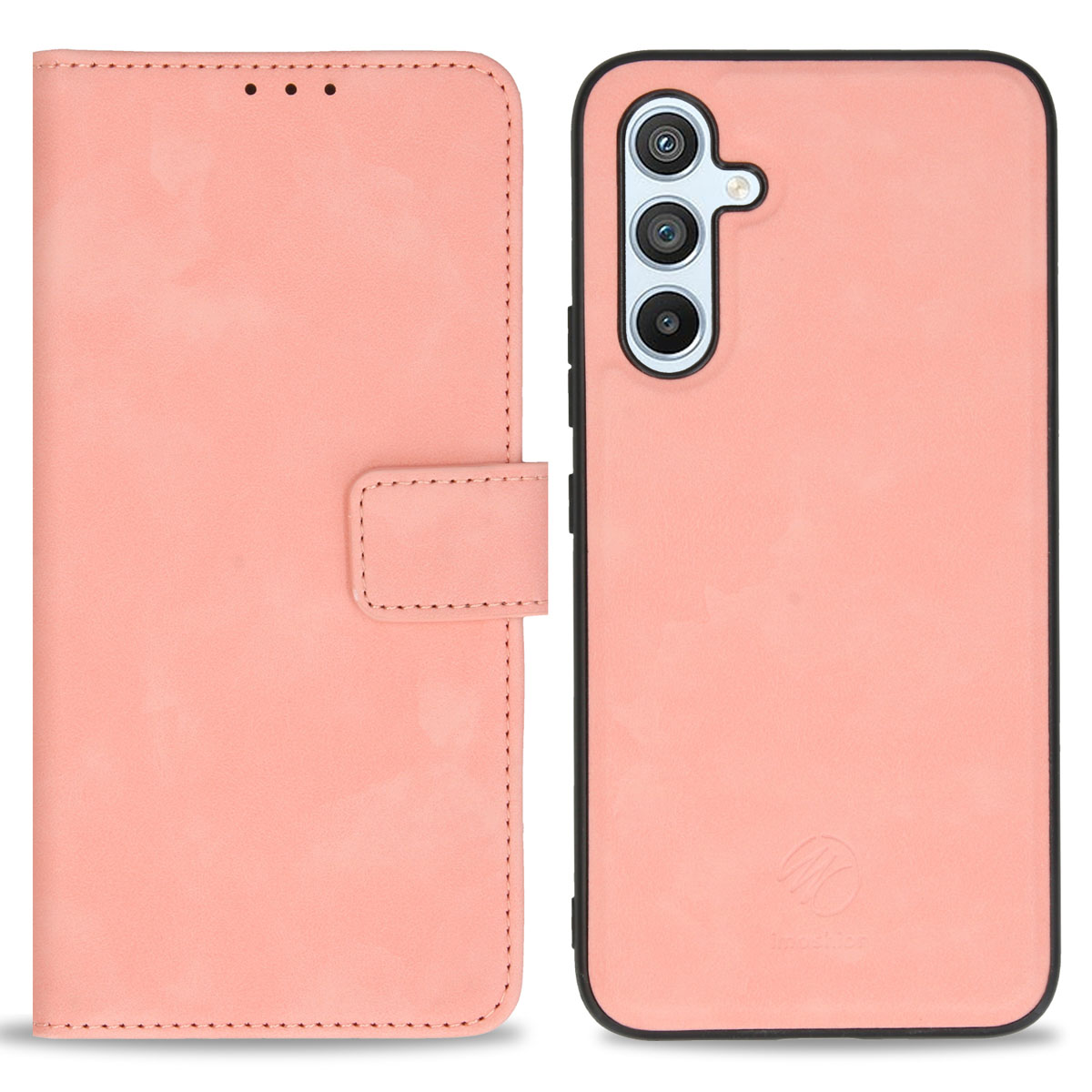 Étui de téléphone rose, ouvert et fermé, montrant le téléphone. Matériau simili cuir rose.