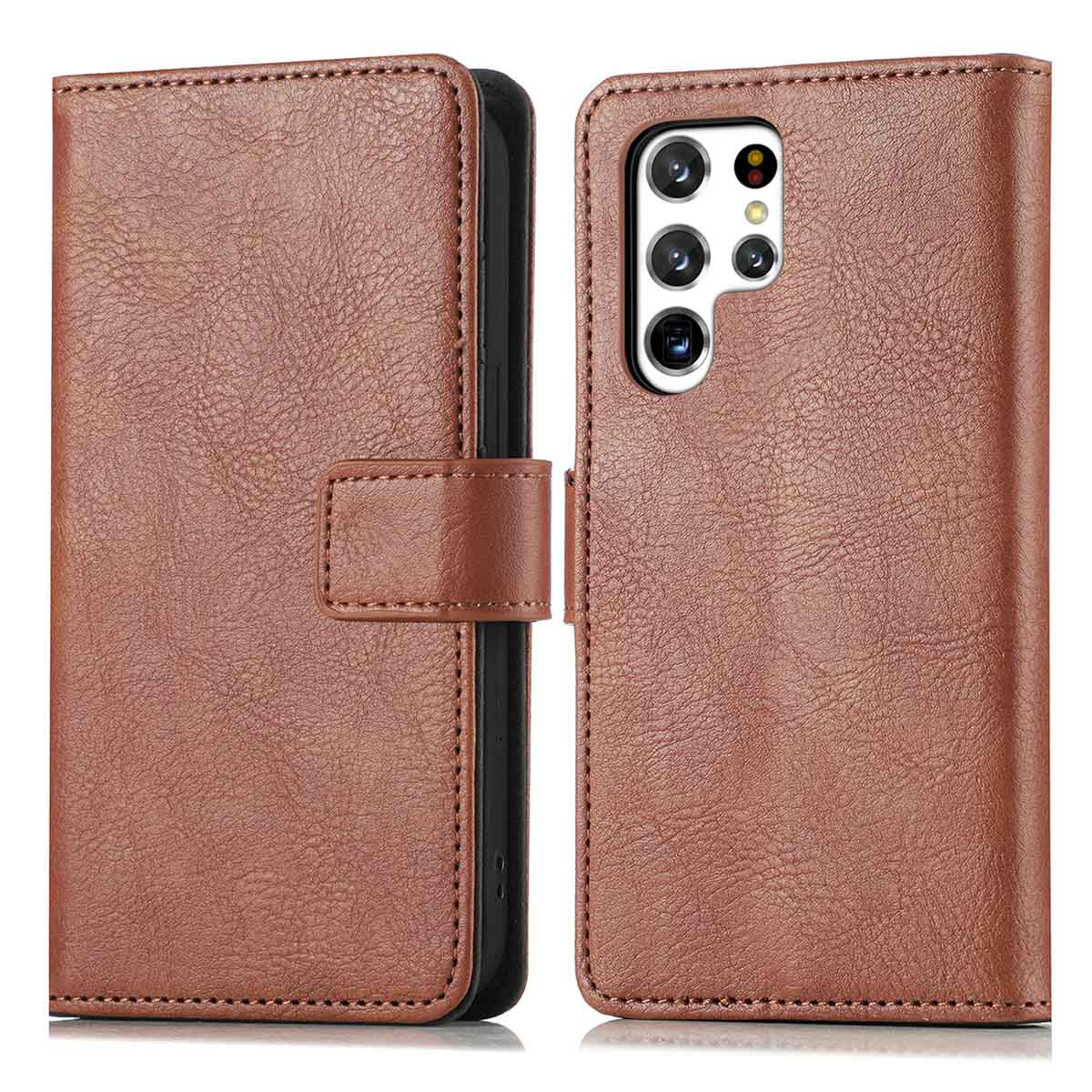 Étui en cuir ouvert, montrant le téléphone à l'intérieur. L'étui est marron, avec fermoir.