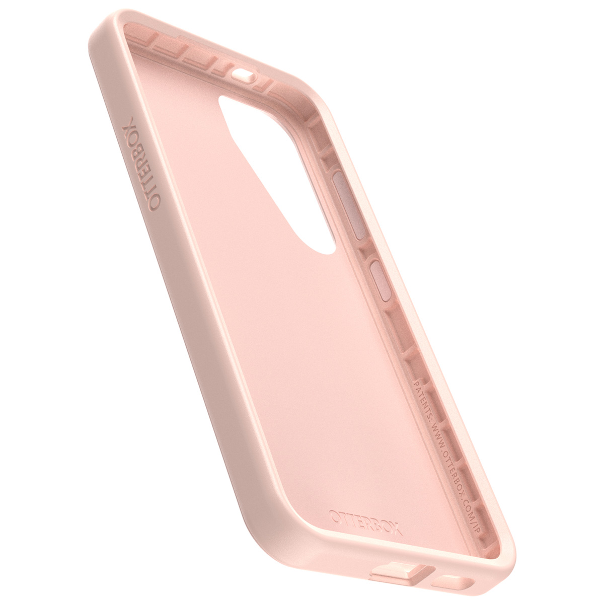 Una custodia per telefono rosa chiaro con un ritaglio per la fotocamera, che mostra l'interno.