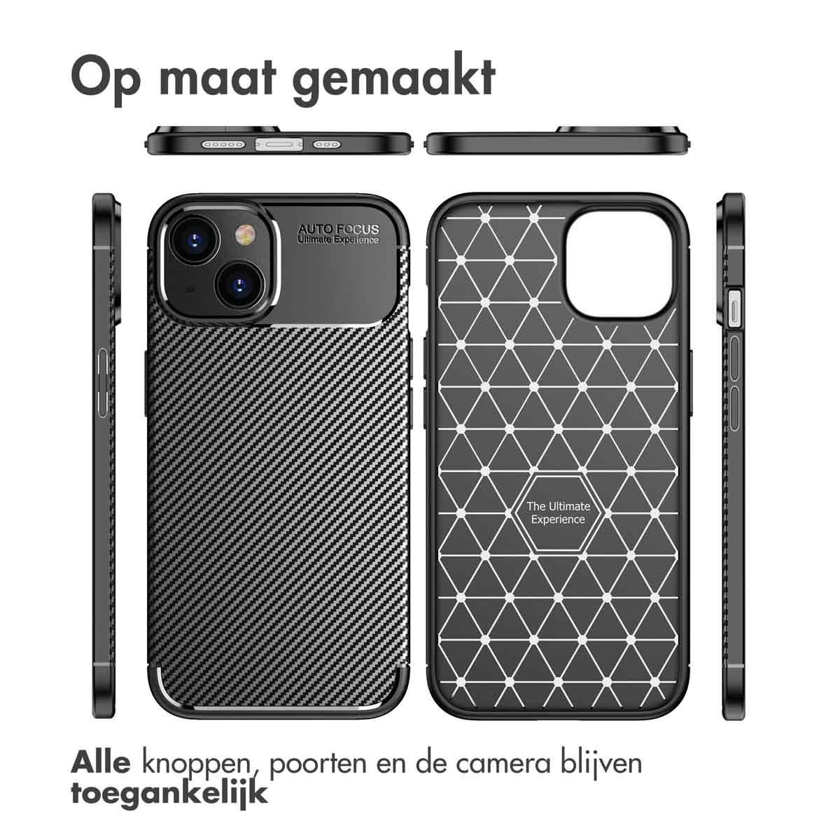 Una custodia per telefono con un design in fibra di carbonio. La custodia ha ritagli per pulsanti, porte e fotocamera.
