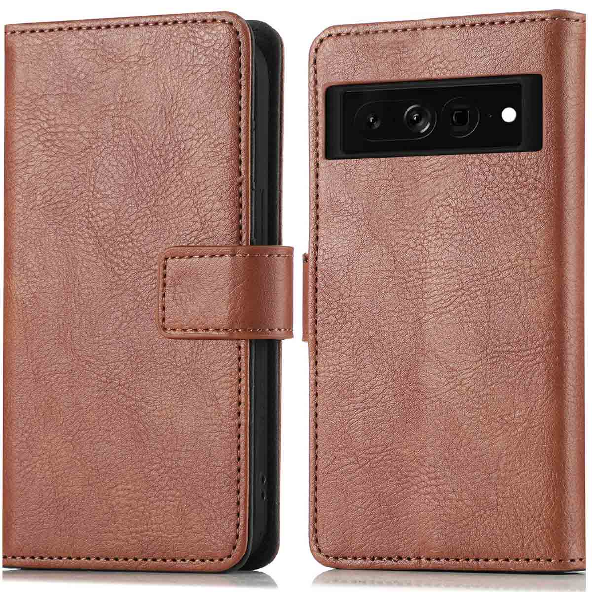 Un étui de téléphone en cuir marron, ouvert, montrant le téléphone et une fermeture à languette.