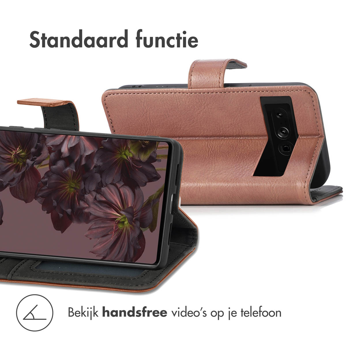 Téléphone dans un étui en cuir marron, ouvert. L'écran affiche des fleurs.