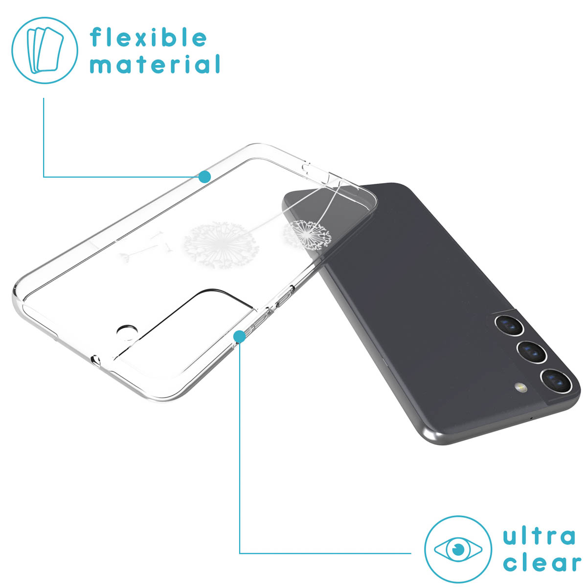 Clear phone case with a dandelion design. Phone visible behind the case.