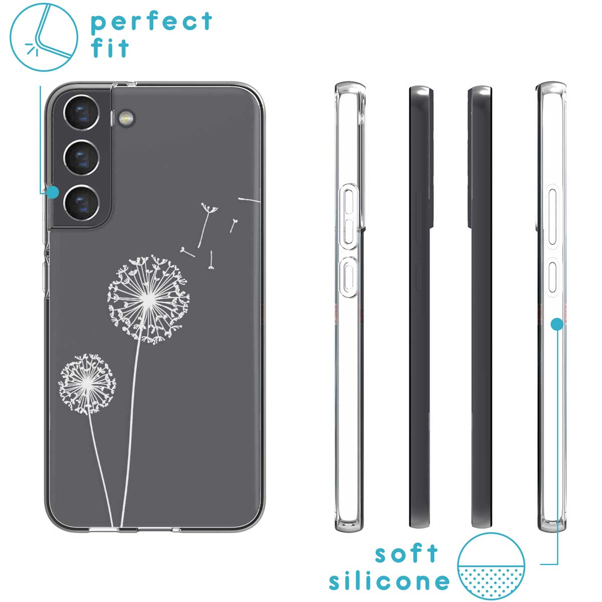 Grey phone case with a white dandelion design. It is made of soft silicone.