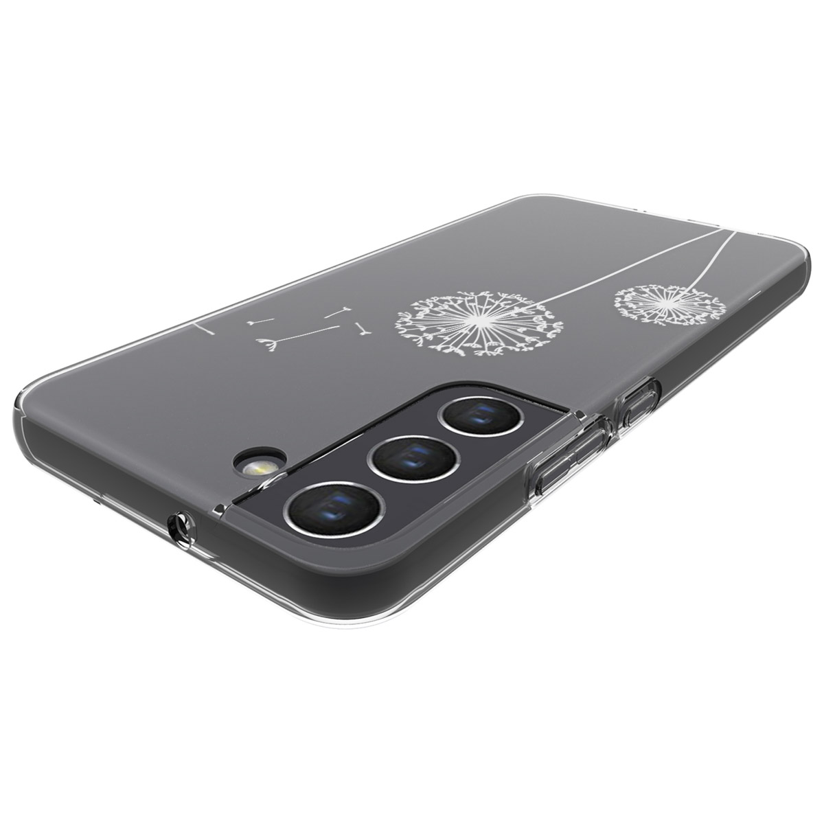 Phone case with dandelions design on a phone. The case is transparent.