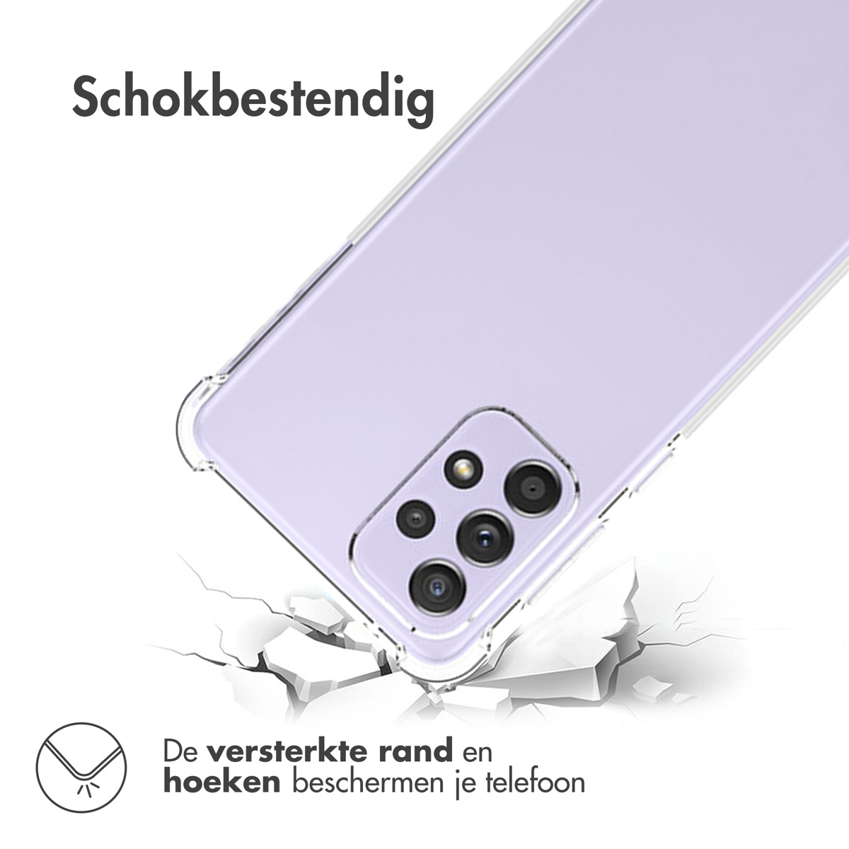 Una custodia per telefono angolata, con effetto rottura. Testo sopra 'Schokbestendig', sotto 'Il bordo rinforzato'.