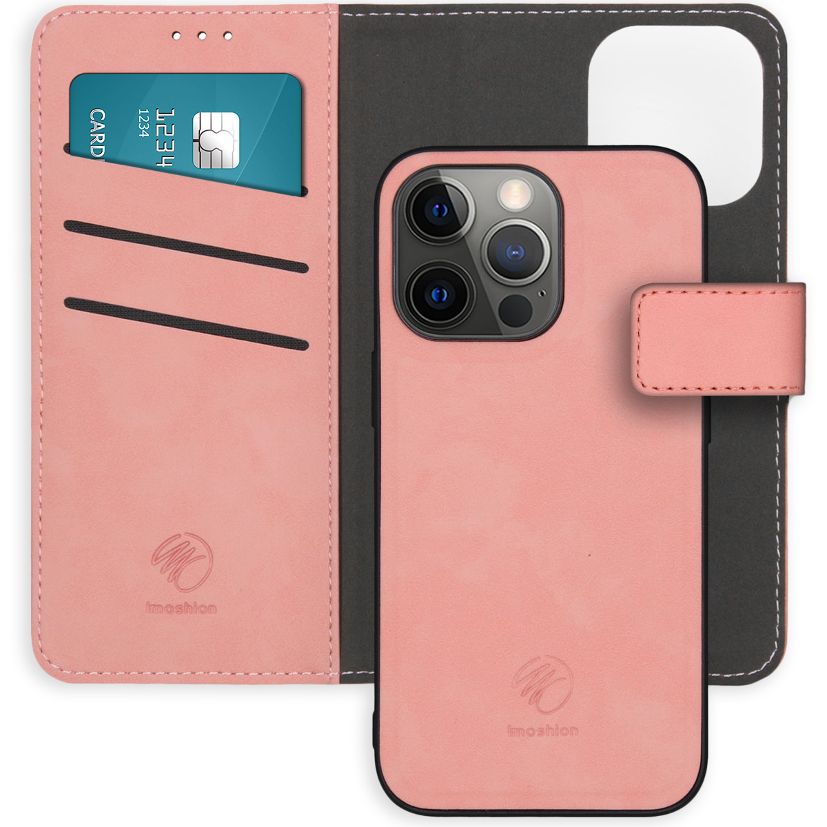 Roze leren telefoonhoes met kaartsleuven en een magnetische sluiting aan de zijkant.