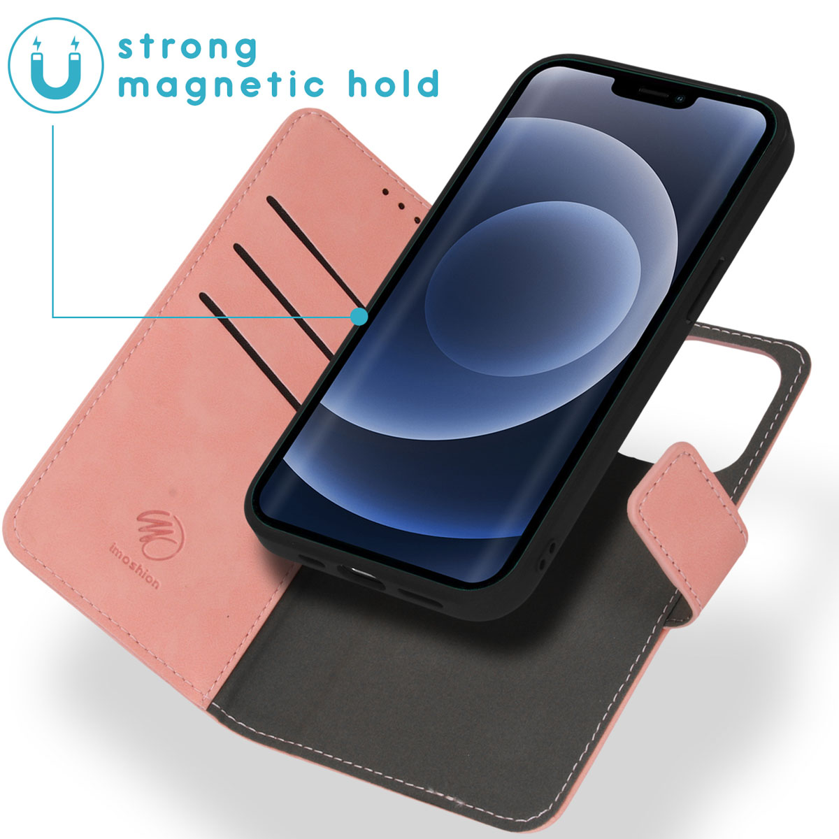 Roze telefoonhoes met een telefoon erin, het scherm tonend. Een magnetische houdfunctie wordt opgemerkt.